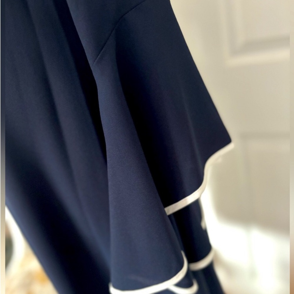 Off-Shoulder Dress / On-Shoulders Navy Blue, White Trim Romantic Classy Elegant - Picture 5 of 9